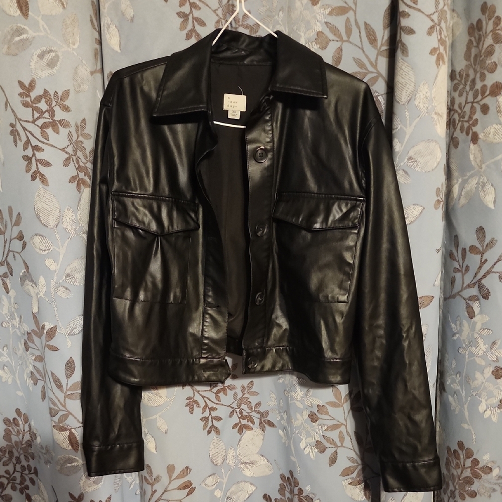 a new day Shiny Black Leather Jacket